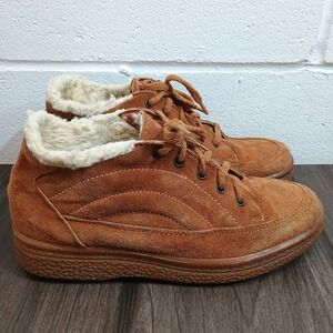 VTG 80s Womens Brown Suede Fur Lined Lace Up Ankle Boots Casual Winter Warm Sz 7
